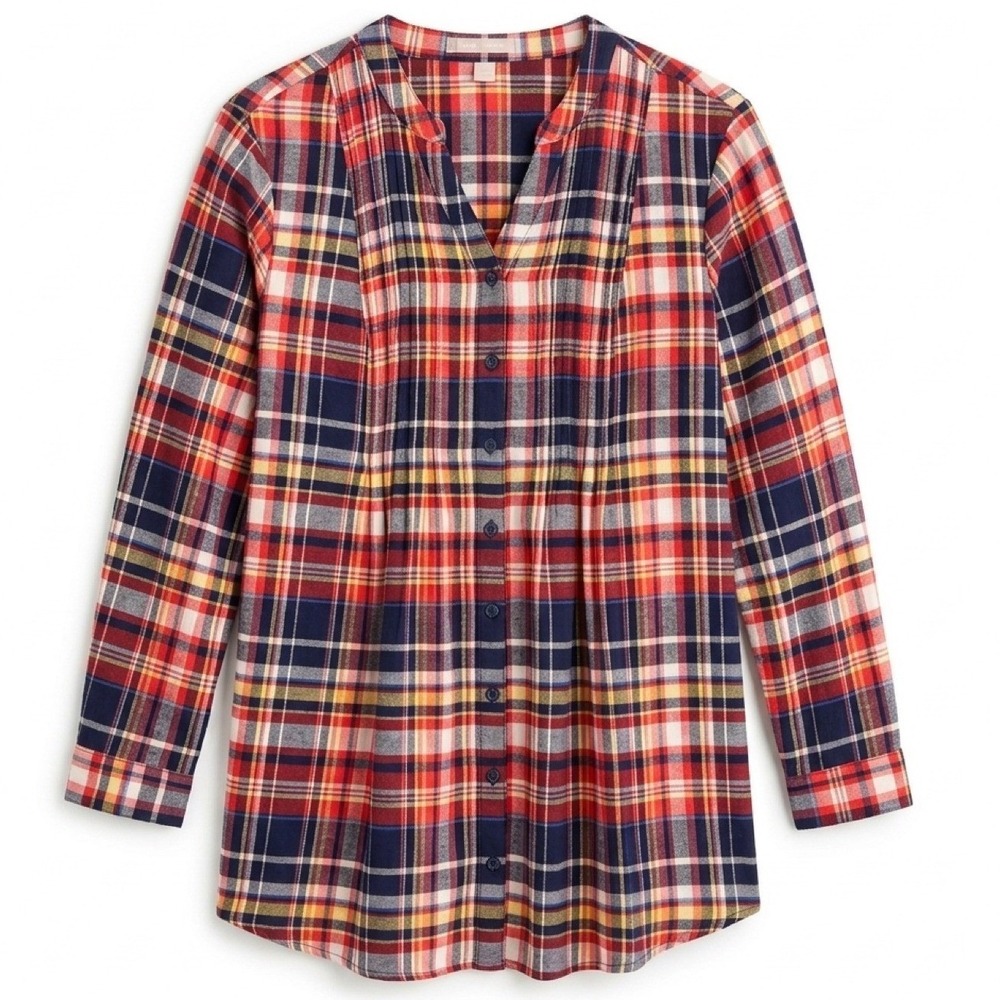 Woman Within Plaid Tunic Women 18/20 L Red Navy Cotton Pintuck Button Shirt